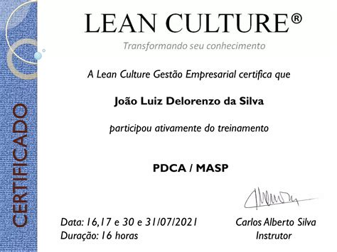 Certificado pdca masp_joão luiz delorenzo da silva | PPT