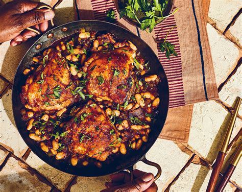 Braised Chicken Thighs With Barbecued White Beans And Scallions