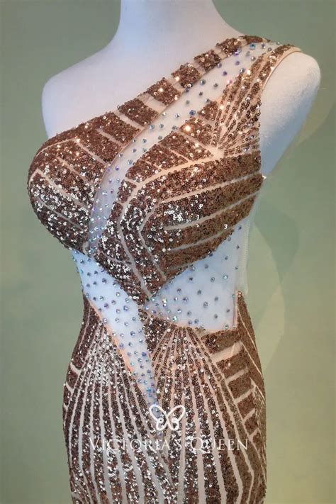 One Shoulder See Through Cutout Gold Sequin Mermaid Long Glitter Prom