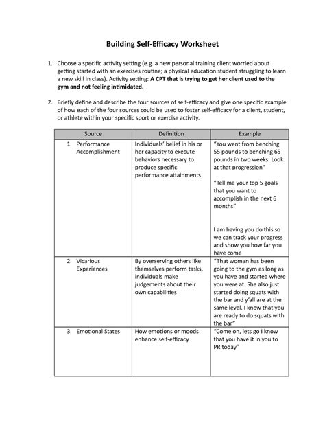 Building Self Efficacy Worksheet Building Self Efficacy Worksheet