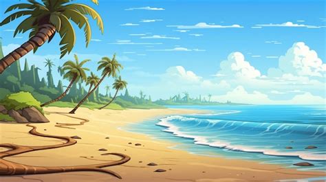 Una Pintura De Una Escena De Playa Con Palmeras Y El Oc Ano En El Fondo