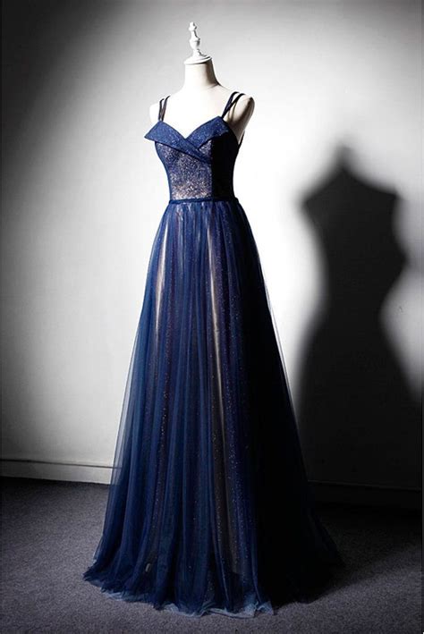 Promdress Navy Blue Tulle V Neck Long Women Prom Dress Lace Up