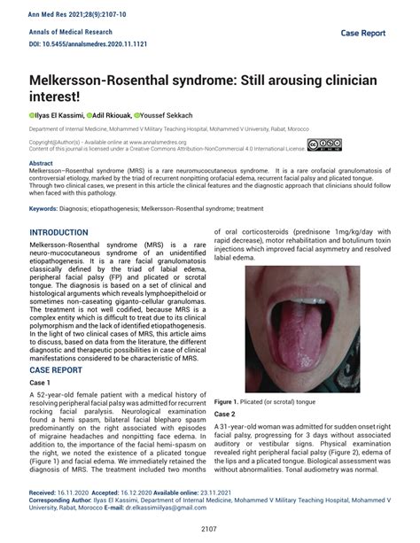 Pdf Melkersson Rosenthal Syndrome Still Arousing Clinician Interest