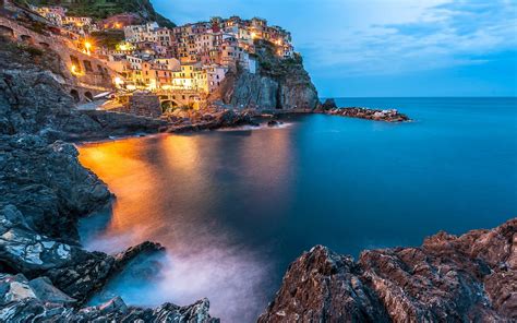 Scarica Sfondi Manarola Riomaggiore Sera Tramonto Mar Ligure Costa