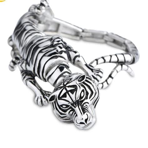 Silver Tiger Charm Bracelet Animal Titanium Steel Bracelets & Bangles ...