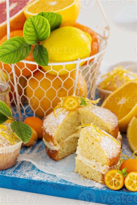 Citrus Victoria Sponge Cake With Lemon Curd Stock Photo At