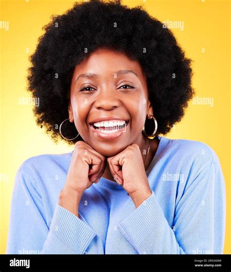 Portrait Smile And Black Woman Hands On Chin In Studio Face And