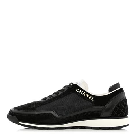 Chanel Suede Calfskin Fabric Cc Sneakers 37 Black White 1183710