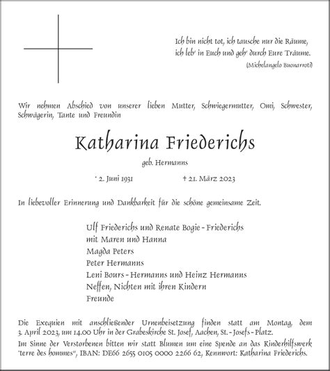 Traueranzeigen Von Katharina Friederichs Aachen Gedenkt