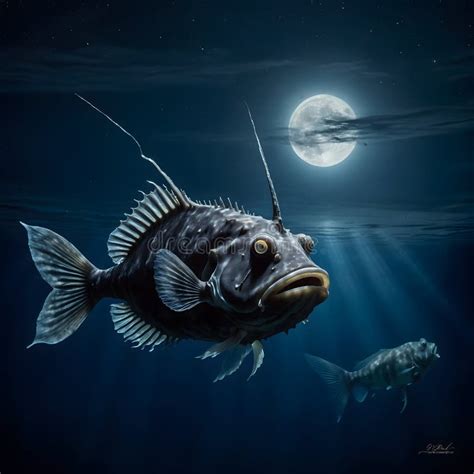 Moonlit Depths: Angler Fish Gliding Beneath the Shimmering Ocean ...