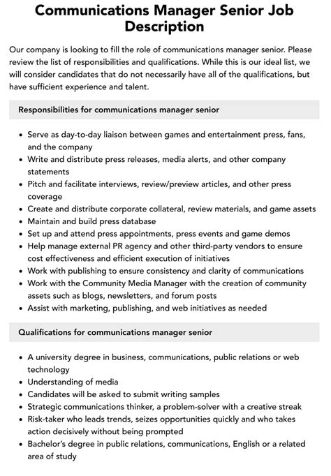 Communications Manager Senior Job Description Velvet Jobs