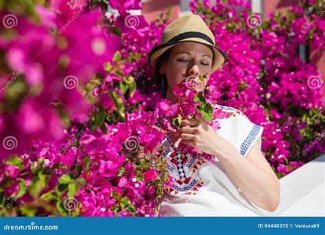 Woman With Pink Flowers Stock Image Image Of Model Lips 94440315