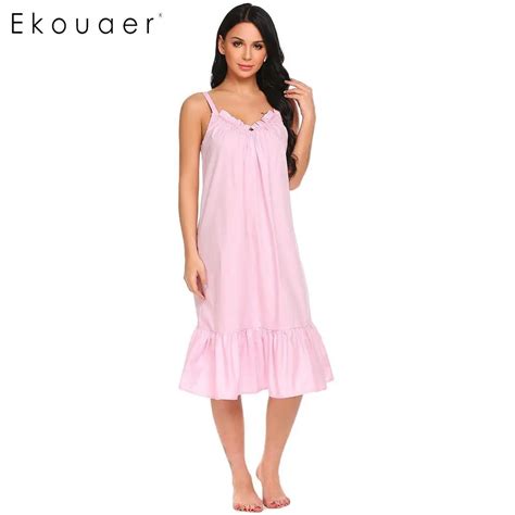 Ekouaer Vintage Nightgown Cotton Night Dress Women Solid V Neck