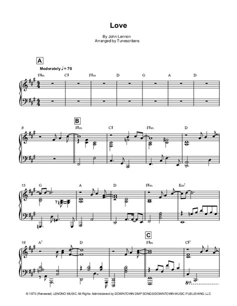 Love Arr Tunescribers By John Lennon Sheet Music For Piano Solo At Sheet Music Direct