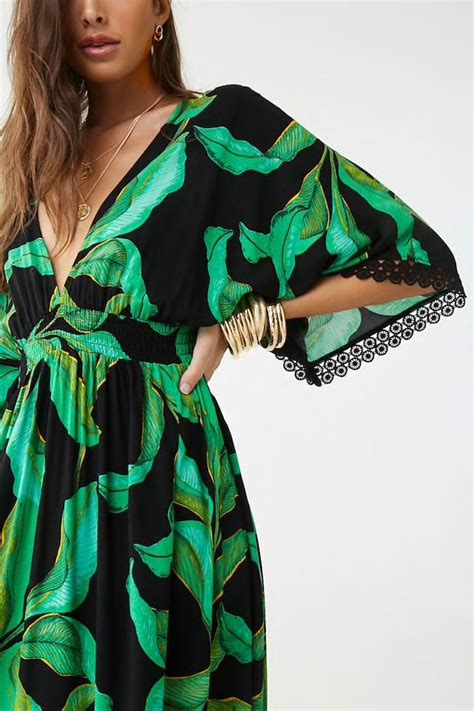 Tropical Leaf Print Maxi Dress Blumenkleid Lang Kleider Modestil