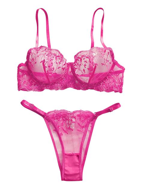 Lilosy Petite Sexy Leaf Floral Embroidered Mesh Sheer Women Underwire Push Up Lingerie Set See