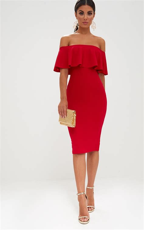 Red Bardot Frill Midi Dress Dresses Prettylittlething Ca