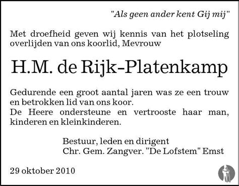 Hermina Maria Mien De Rijk Platenkamp Overlijdensbericht