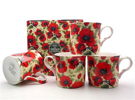 Heritage Bone China Poppy Mugs Set Of 4 Gift Boxed