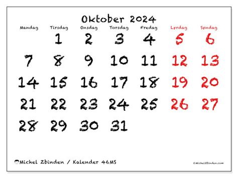 Kalender For Oktober For Utskrift Ms Michel Zbinden No