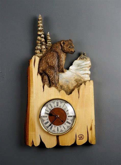 Wall Clock Carved On Wood Wood Carving With Bark Hand Made