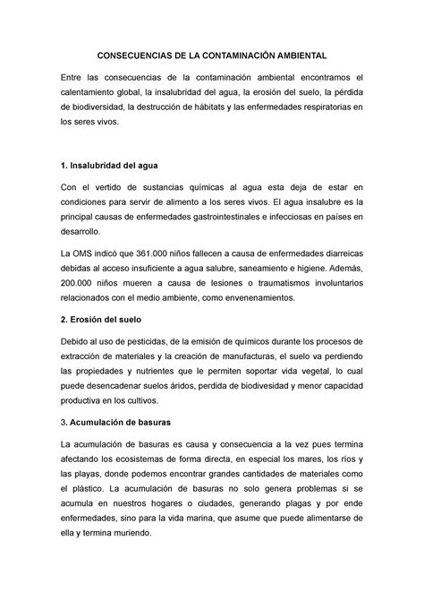 Consecuencias De La Contaminacion Ambiental Consecuencias De La