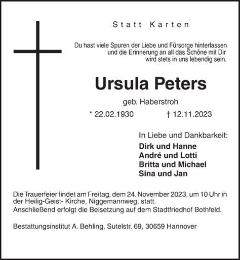 Traueranzeigen Von Ursula Peters Trauer Anzeigen De