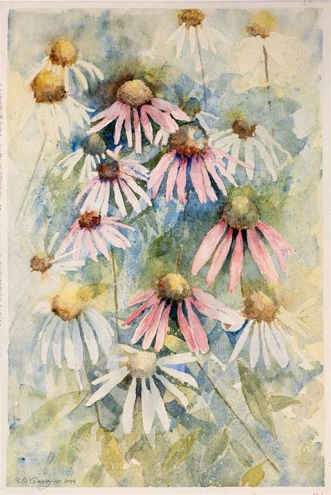 Coneflowers Original Watercolor Painting Echinacea Purple Red