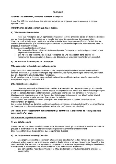 CM Economie Economie N4 ECONOMIE Chapitre 1 L Entreprise