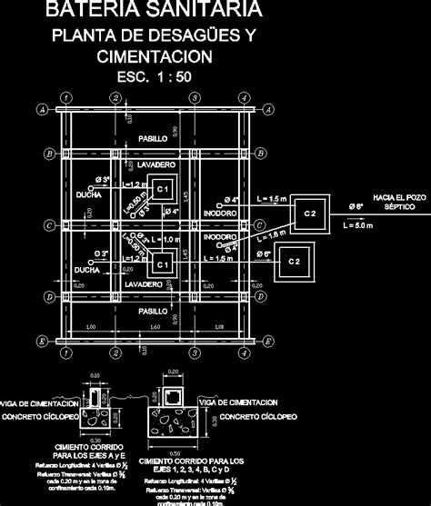 Planta De Cimentacion Y Desagues En AutoCAD Librería CAD