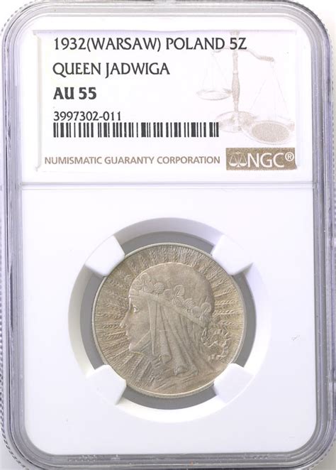 II RP 5 złotych 1932 głowa kobiety ze ZNAKIEM MENNICY NGC AU55