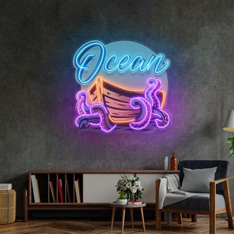 Ocean Tekne Ve Ahtapot Neon Art UV Baskı Neon Led Tabela NeuNeon