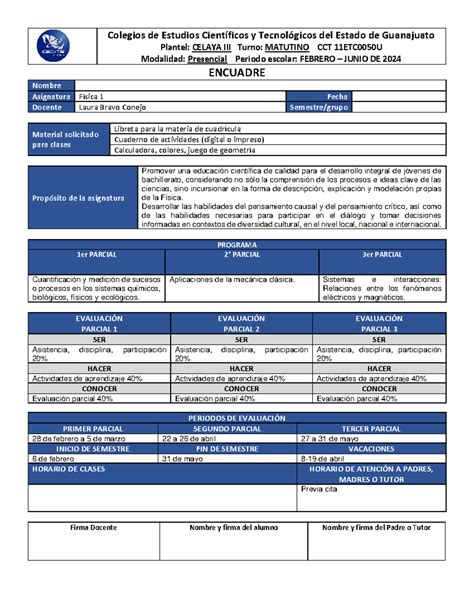 Encuadre 2024 Física 1 Colegios de Estudios Científicos y