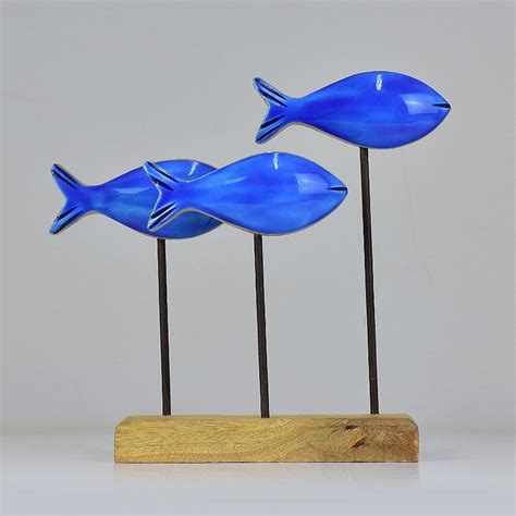 Enfeite Trio De Peixes Azuis No Pedestal Em Madeira 23x24x8 Cm Loja