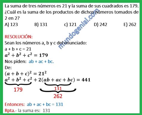 La Suma De Tres Números Es 21 Y La Suma De Sus Cuadrados Es 179 ¿cuál Es La Suma De Los