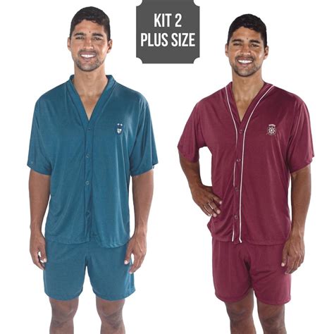 Kit 2 Pijama Plus Size Adulto Masculino Manga Curta Short Aberto