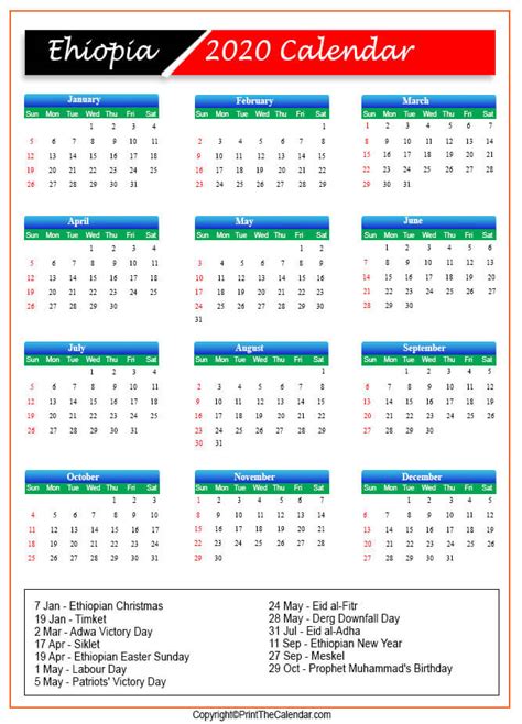 2020 Holiday Calendar Ethiopia | Ethiopia 2020 Holidays