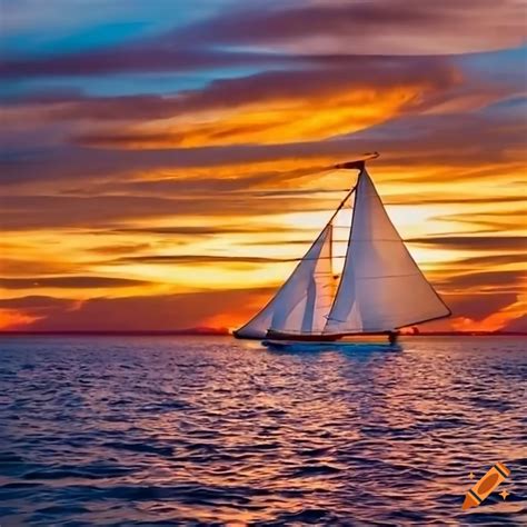 Sailboat Sailing Into A Golden Sunset Near A Beautiful Island On Craiyon