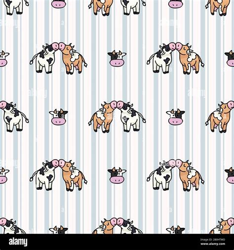 Hand Drawn Dairy Cute Cow Love Carton Seamless Vector Pattern Kawaii