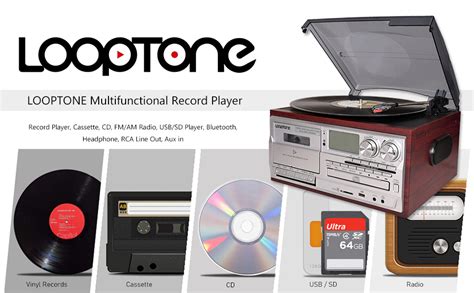 LoopTone Vinyl Record Player 9 In 1 3 Speed Bluetooth Vintage Turntable