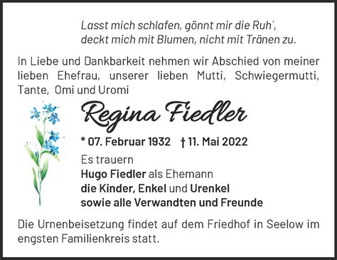 Traueranzeigen Von Regina Fiedler M Rkische Onlinezeitung Trauerportal