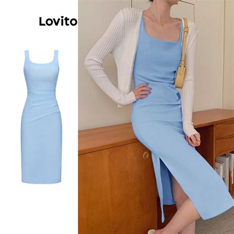 Lovito Casual Vestido Feminino Liso Fenda E Babados L68ED337 Azul