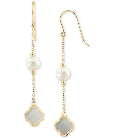 Effy Collection Effy® Freshwater Pearl And Mother Of Pearl Clover Linear Drop Earrings In 14k Gold