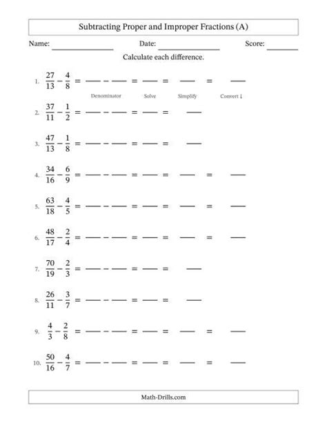 Subtracting Proper And Improper Fractions With Unlike Denominators