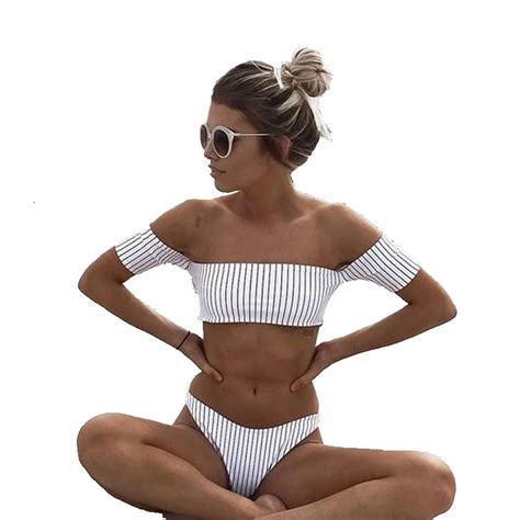 Hot Women Swimsuits Off Shoulder Ruffles Striped Bikini Set Two Pieces