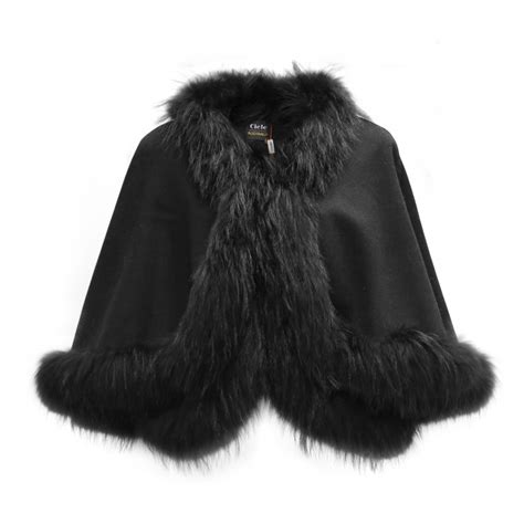 Fox Fur Collar & Cashmere Poncho #black