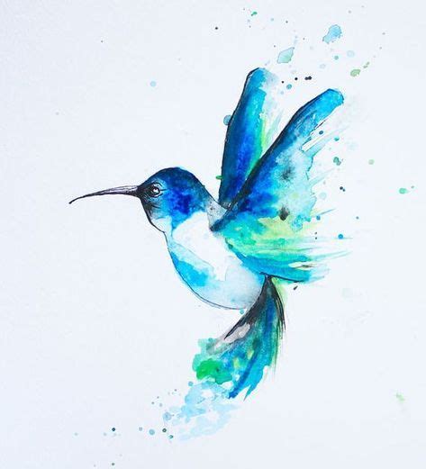 Flying Hummingbird Blue Watercolor Colibr Azul Acuarela Beautiful