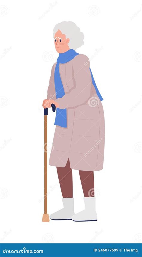 Worried Old Woman With Walking Stick Semi Flat Color Vector Character