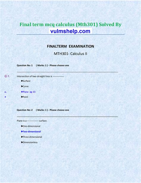 Mth Final Term Solved Mcqs By Rabia Final Term Mcq Calculus