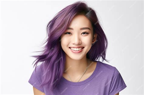 Premium Photo Asian Woman Wearing Purple Tshirt Smiling On White